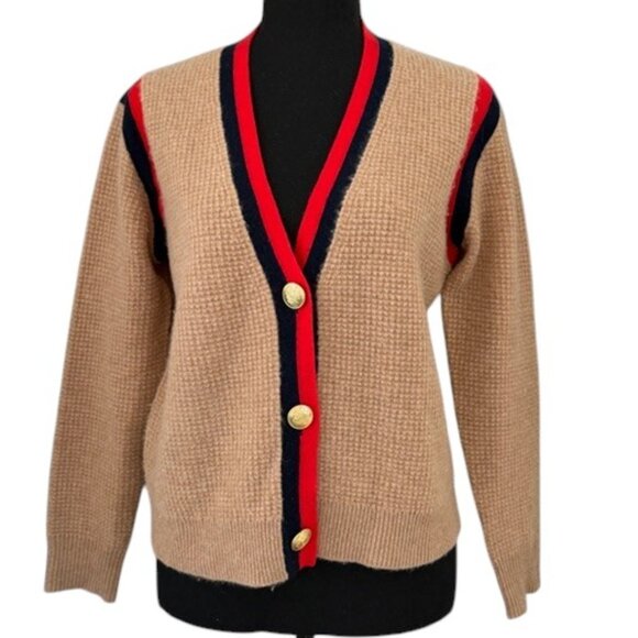 J. Crew Sweaters - J Crew Cashmere Waffle Knit Cardigan Sweater Camel Tan Striped XS